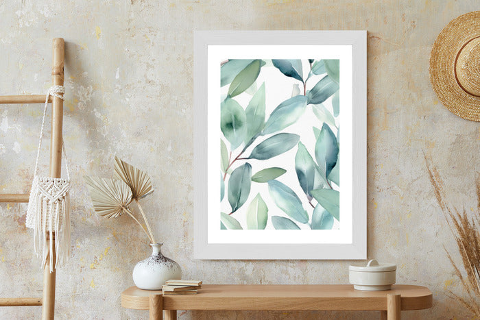 Poster Aquarell-Lorbeerblätter Rahmen Holz Mit Passepartout Farbe Natürlich