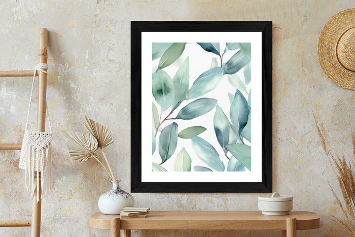 Poster Aquarell-Lorbeerblätter Rahmen Holz Mit Passepartout Farbe Natürlich