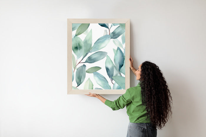 Poster Aquarell-Lorbeerblätter Rahmen Holz Mit Passepartout Farbe Natürlich