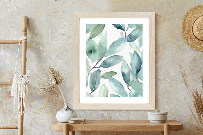 Poster Aquarell-Lorbeerblätter Rahmen Holz Mit Passepartout Farbe Natürlich