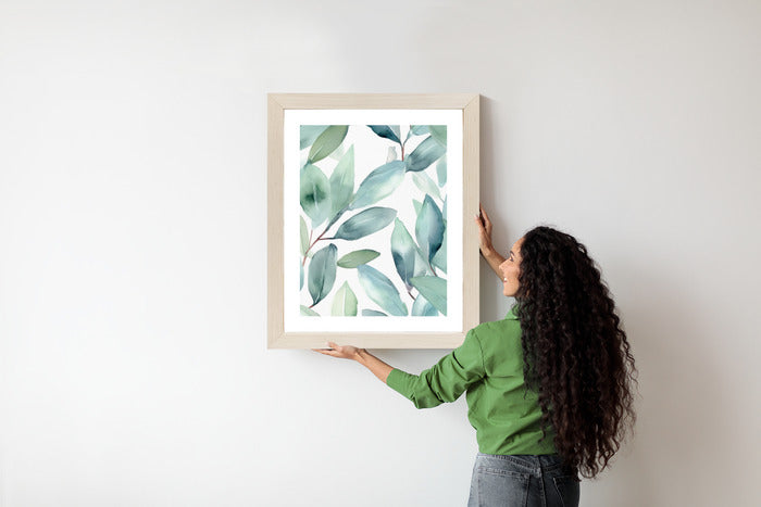 Poster Aquarell-Lorbeerblätter Rahmen Holz Mit Passepartout Farbe Natürlich
