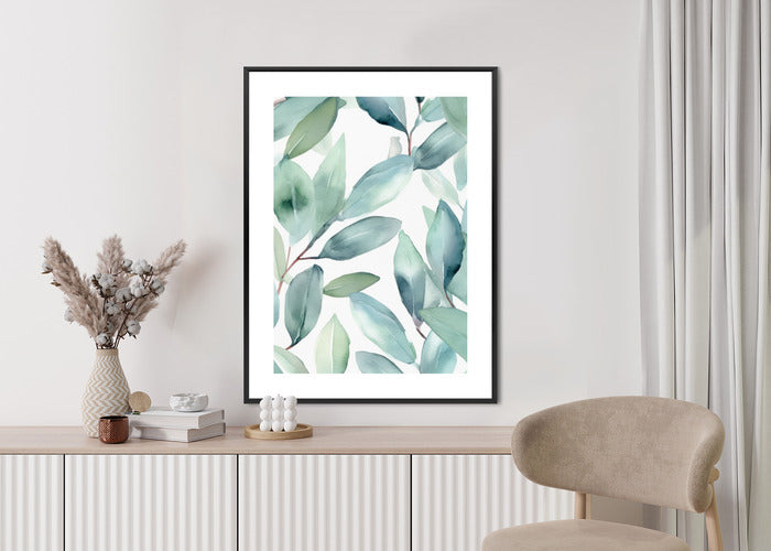 Poster Aquarell-Lorbeerblätter Rahmen Holz Mit Passepartout Farbe Natürlich