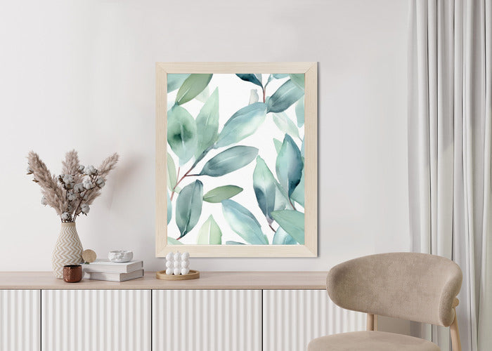 Poster Aquarell-Lorbeerblätter Rahmen Holz Mit Passepartout Farbe Natürlich