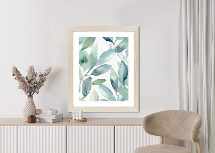 Poster Aquarell-Lorbeerblätter Rahmen Holz Mit Passepartout Farbe Natürlich
