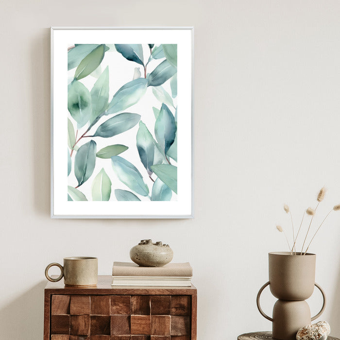 Poster Aquarell-Lorbeerblätter Rahmen Holz Mit Passepartout Farbe Natürlich