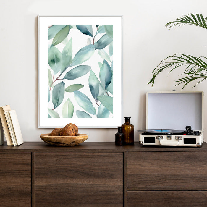 Poster Aquarell-Lorbeerblätter Rahmen Holz Mit Passepartout Farbe Natürlich