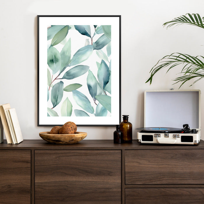 Poster Aquarell-Lorbeerblätter Rahmen Holz Mit Passepartout Farbe Natürlich