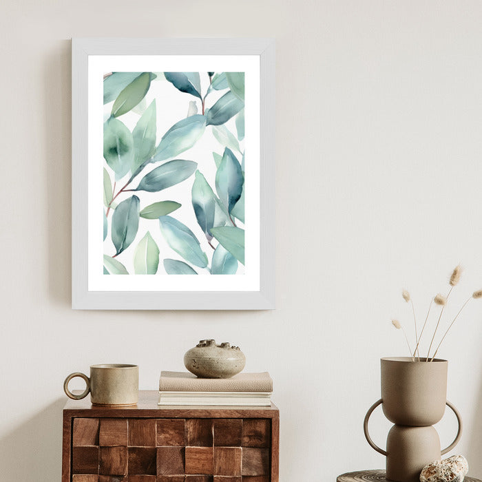 Poster Aquarell-Lorbeerblätter Rahmen Holz Mit Passepartout Farbe Natürlich