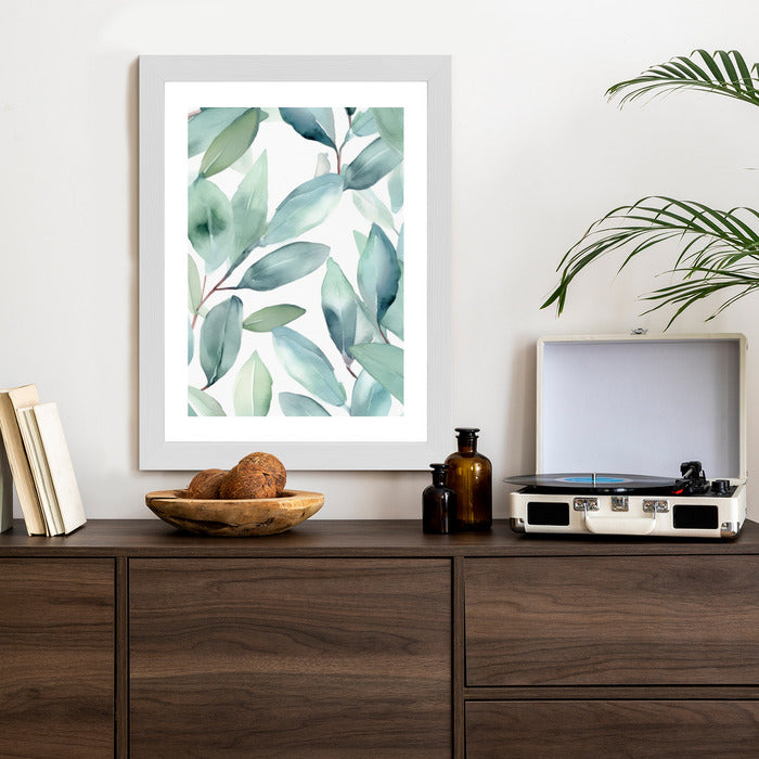 Poster Aquarell-Lorbeerblätter Rahmen Holz Mit Passepartout Farbe Natürlich