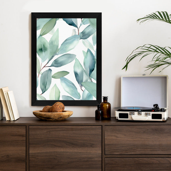 Poster Aquarell-Lorbeerblätter Rahmen Holz Mit Passepartout Farbe Natürlich