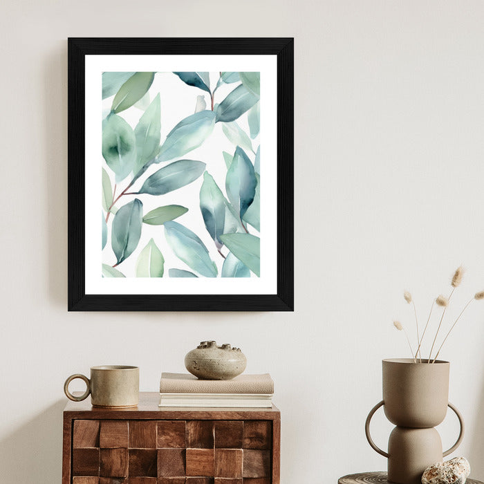 Poster Aquarell-Lorbeerblätter Rahmen Holz Mit Passepartout Farbe Natürlich