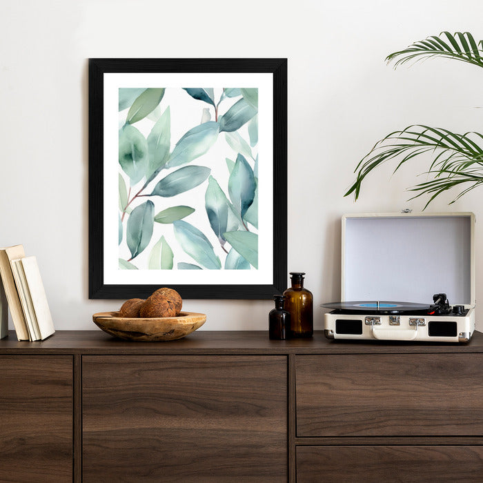 Poster Aquarell-Lorbeerblätter Rahmen Holz Mit Passepartout Farbe Natürlich
