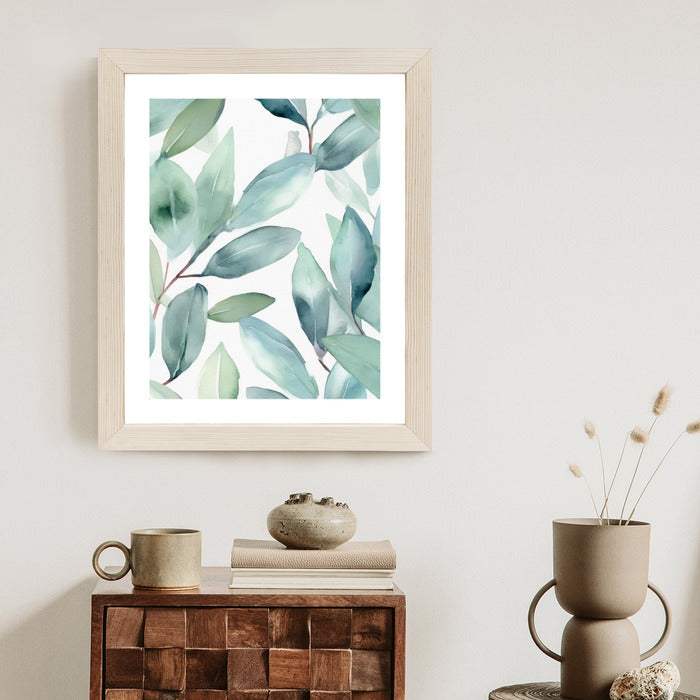 Poster Aquarell-Lorbeerblätter Rahmen Holz Mit Passepartout Farbe Natürlich