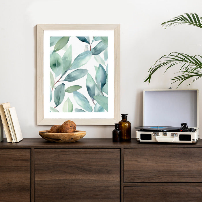 Poster Aquarell-Lorbeerblätter Rahmen Holz Mit Passepartout Farbe Natürlich