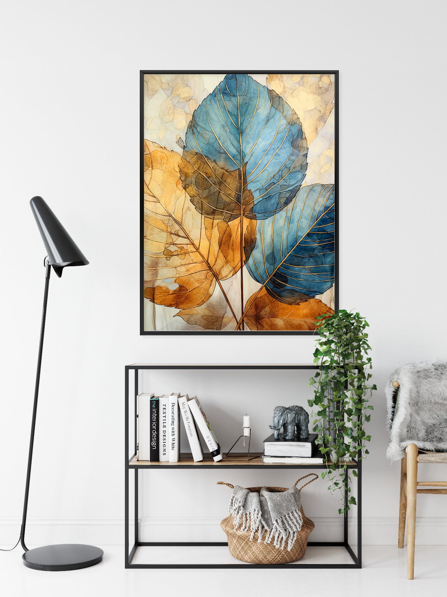 Poster Goldene Und Blaue Aquarellblätter Rahmen Holz Mit Passepartout Farbe Natürlich