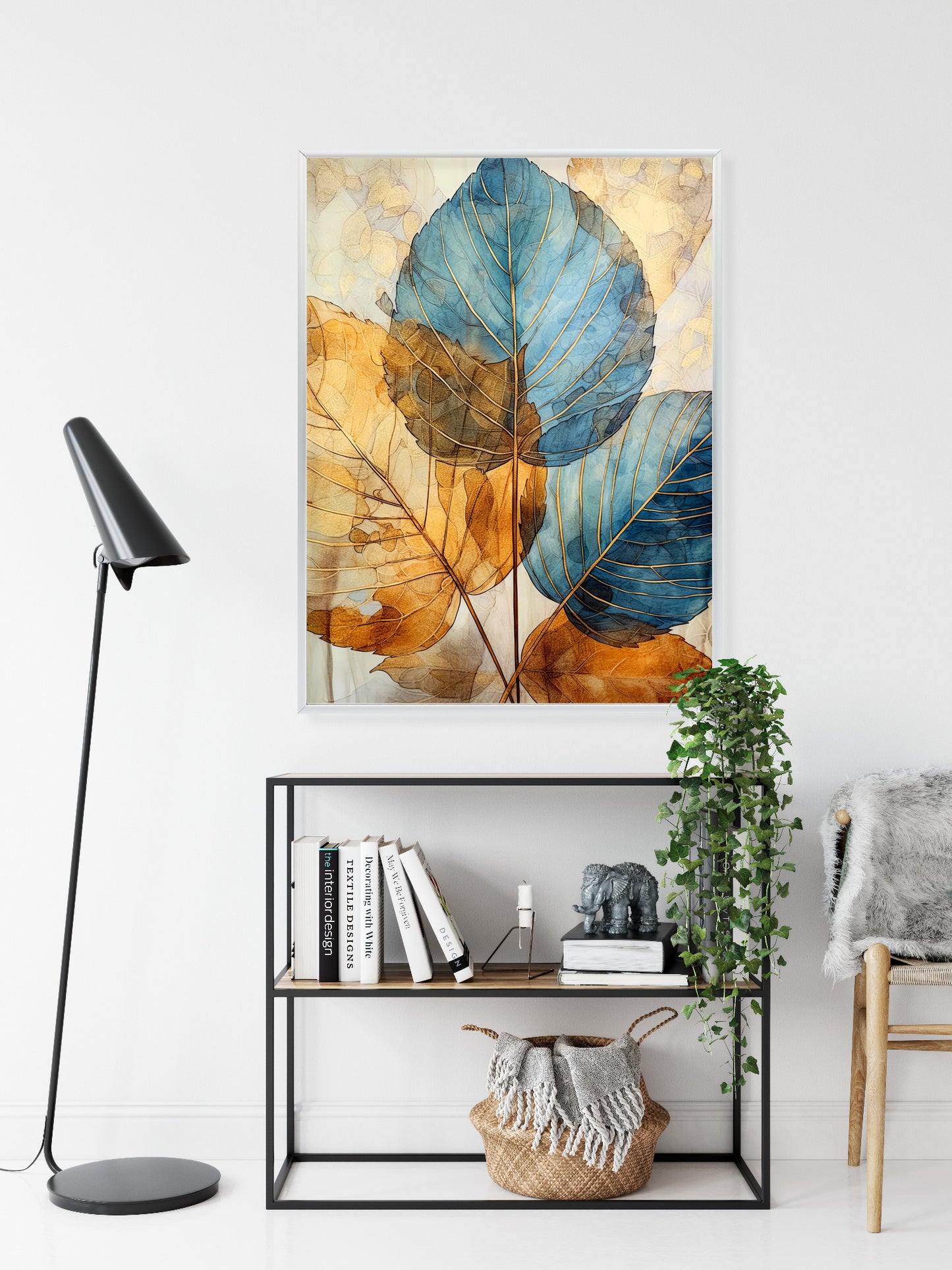 Poster Goldene Und Blaue Aquarellblätter Rahmen Holz Mit Passepartout Farbe Natürlich