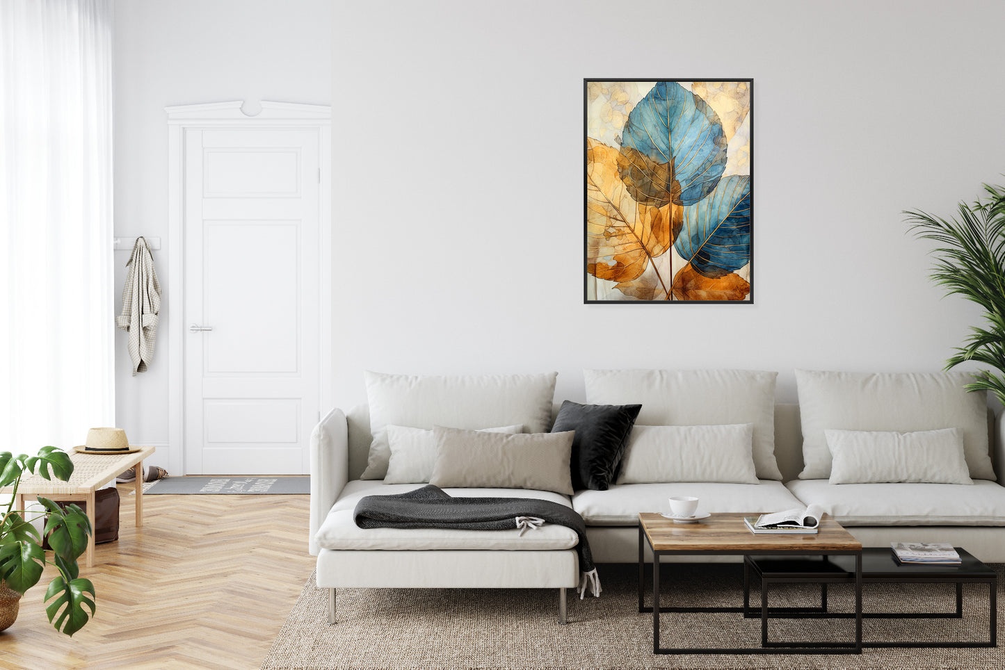 Poster Goldene Und Blaue Aquarellblätter Rahmen Holz Mit Passepartout Farbe Natürlich