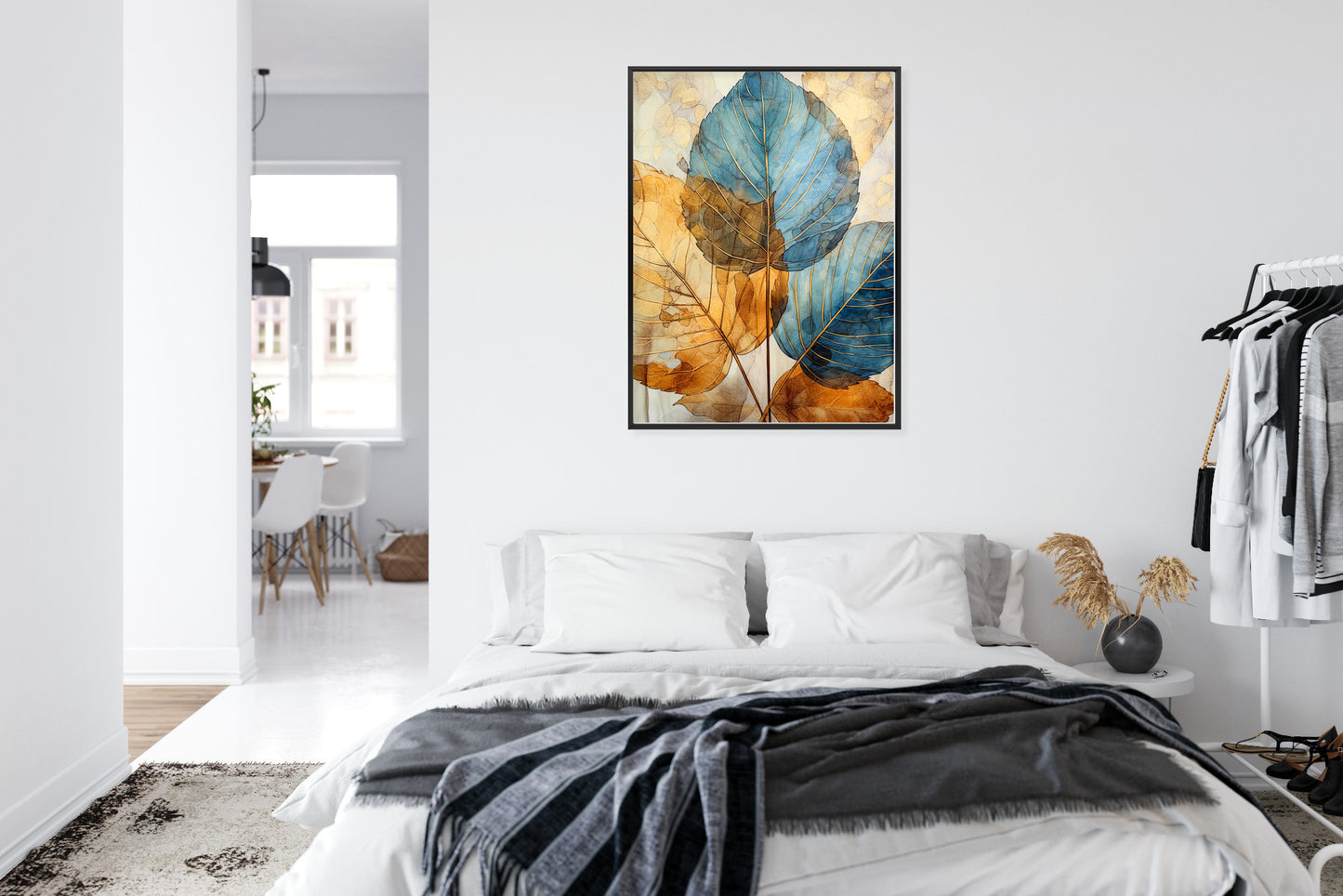 Poster Goldene Und Blaue Aquarellblätter Rahmen Holz Mit Passepartout Farbe Natürlich