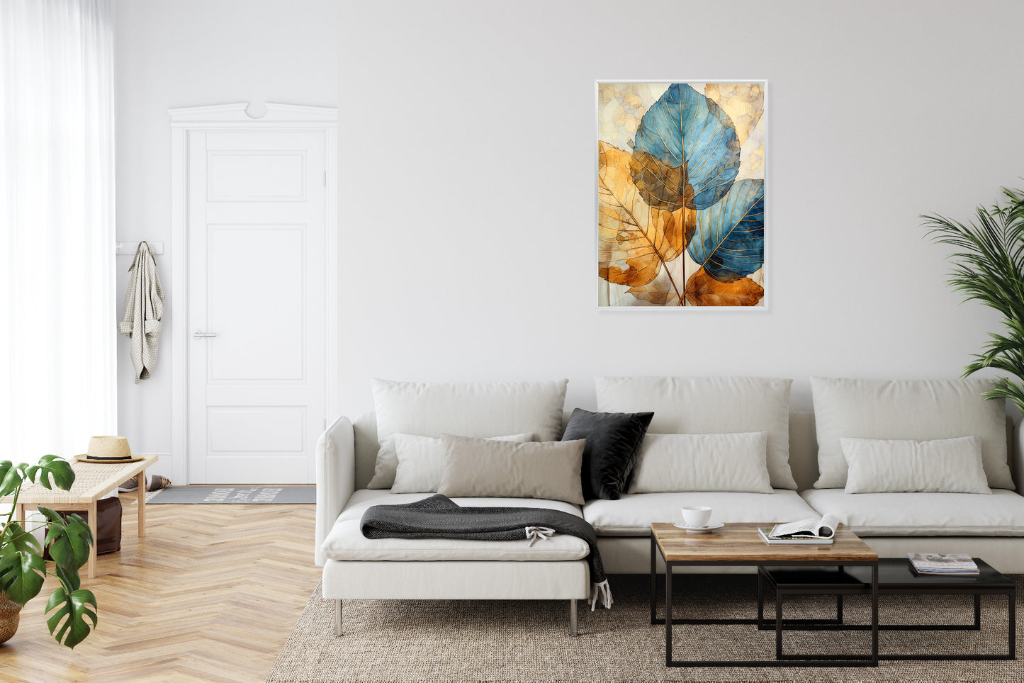 Poster Goldene Und Blaue Aquarellblätter Rahmen Holz Mit Passepartout Farbe Natürlich