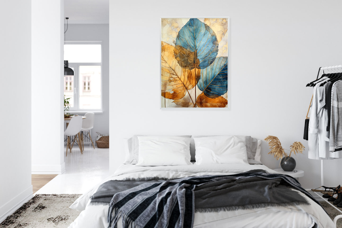 Poster Goldene Und Blaue Aquarellblätter Rahmen Holz Mit Passepartout Farbe Natürlich