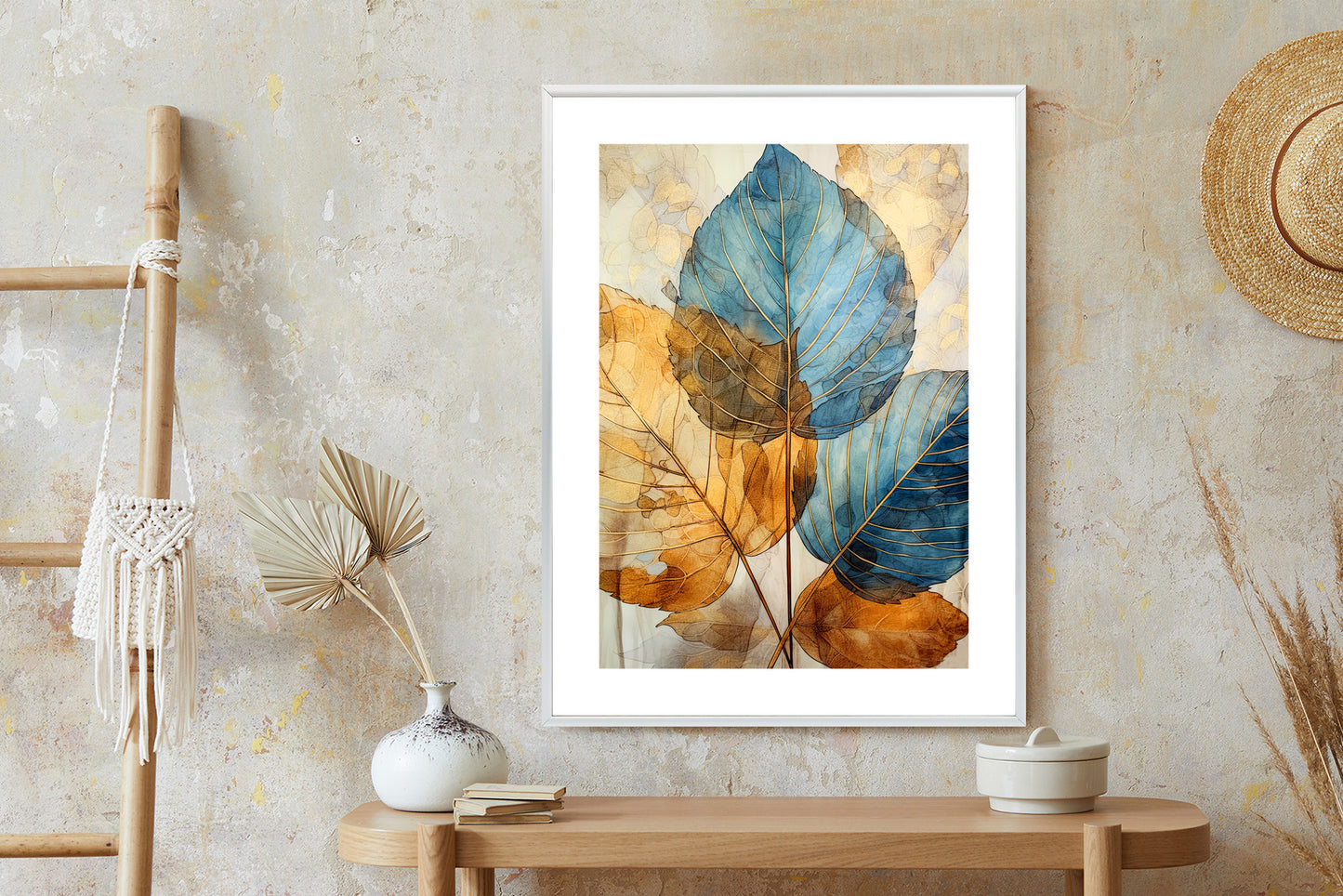 Poster Goldene Und Blaue Aquarellblätter Rahmen Holz Mit Passepartout Farbe Natürlich
