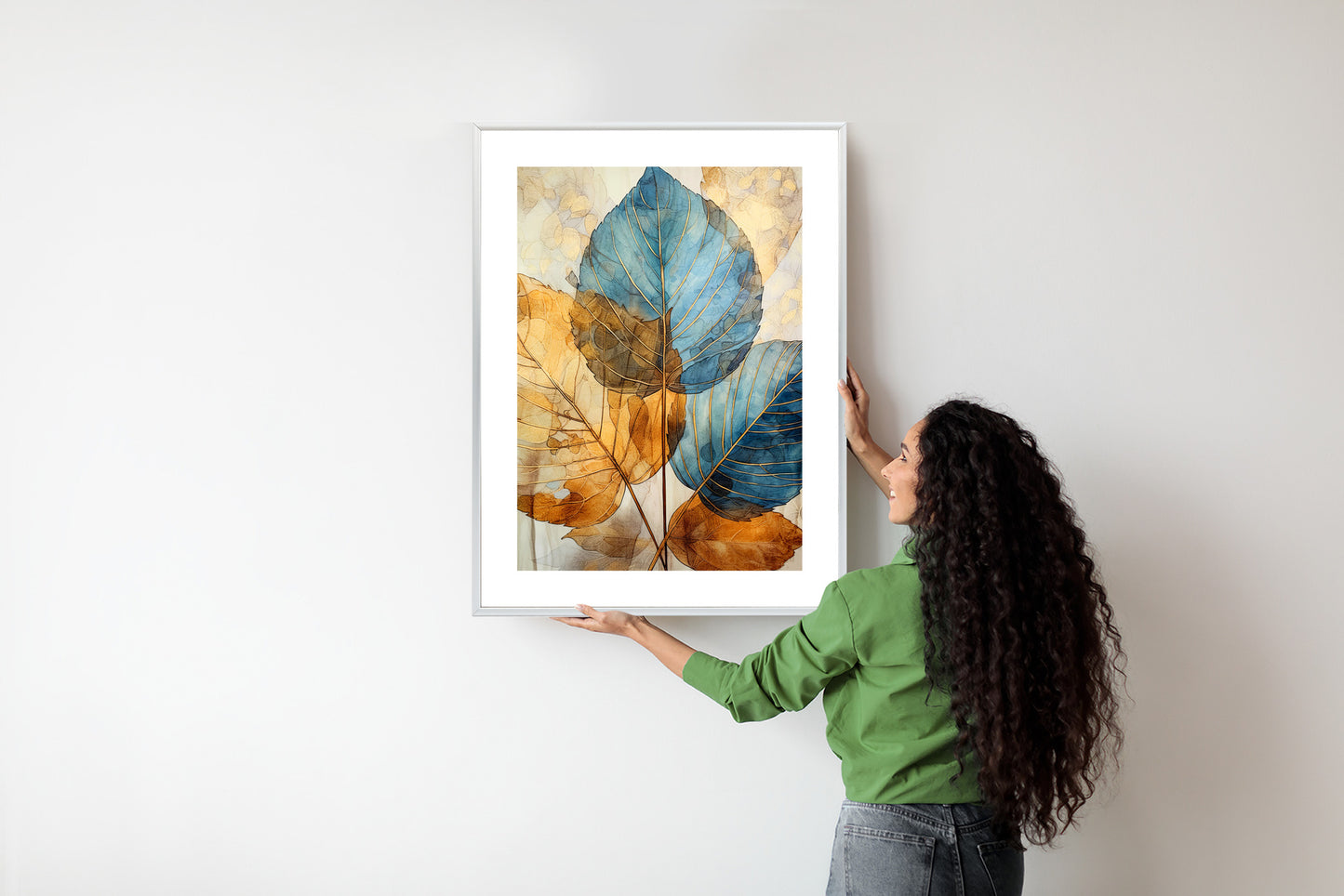 Poster Goldene Und Blaue Aquarellblätter Rahmen Holz Mit Passepartout Farbe Natürlich