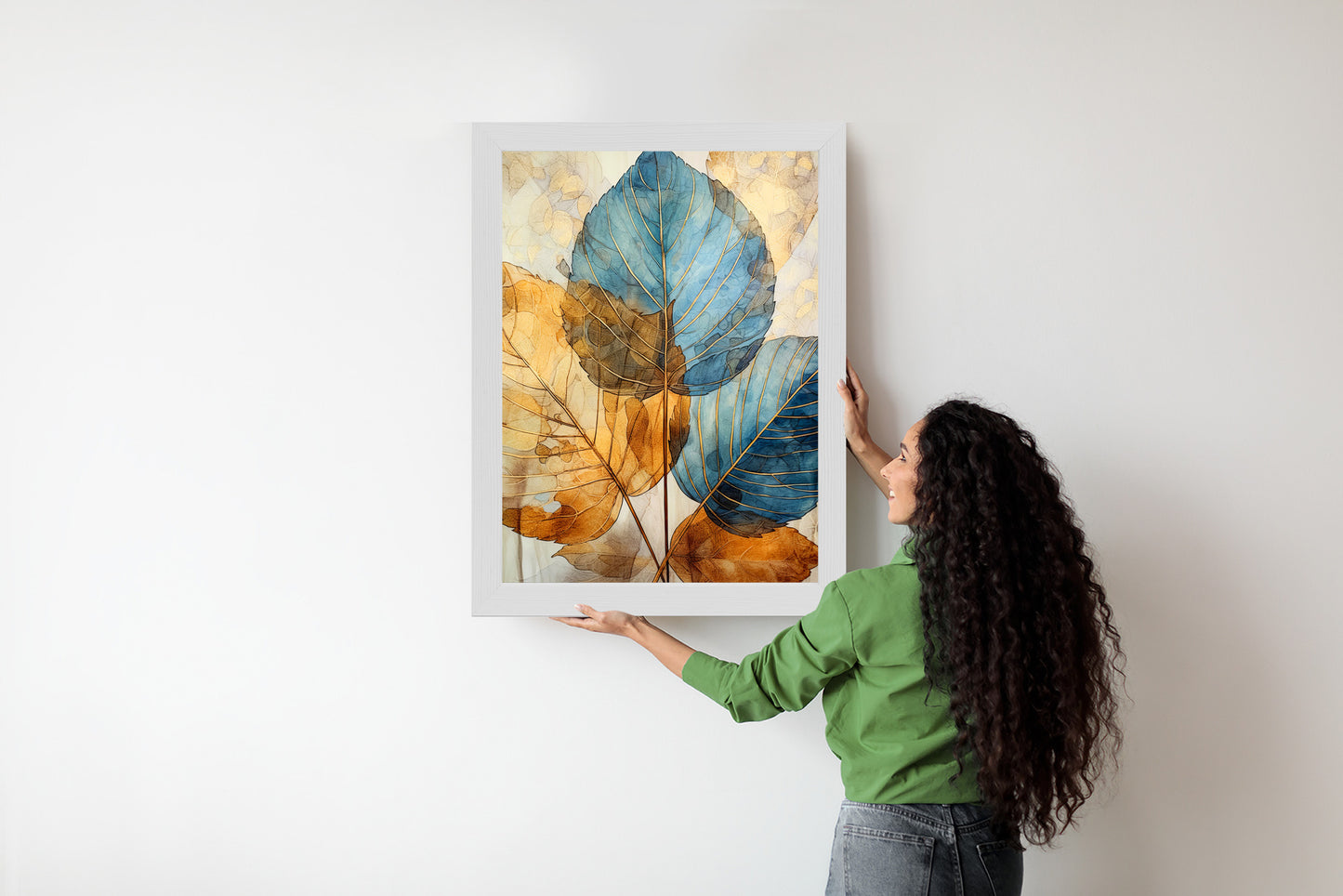 Poster Goldene Und Blaue Aquarellblätter Rahmen Holz Mit Passepartout Farbe Natürlich
