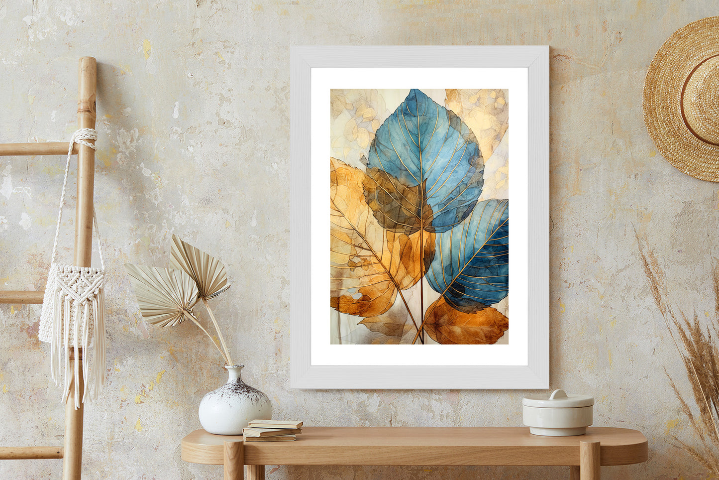 Poster Goldene Und Blaue Aquarellblätter Rahmen Holz Mit Passepartout Farbe Natürlich