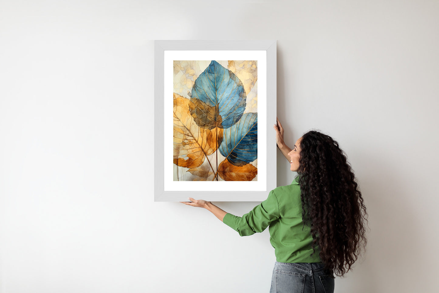 Poster Goldene Und Blaue Aquarellblätter Rahmen Holz Mit Passepartout Farbe Natürlich