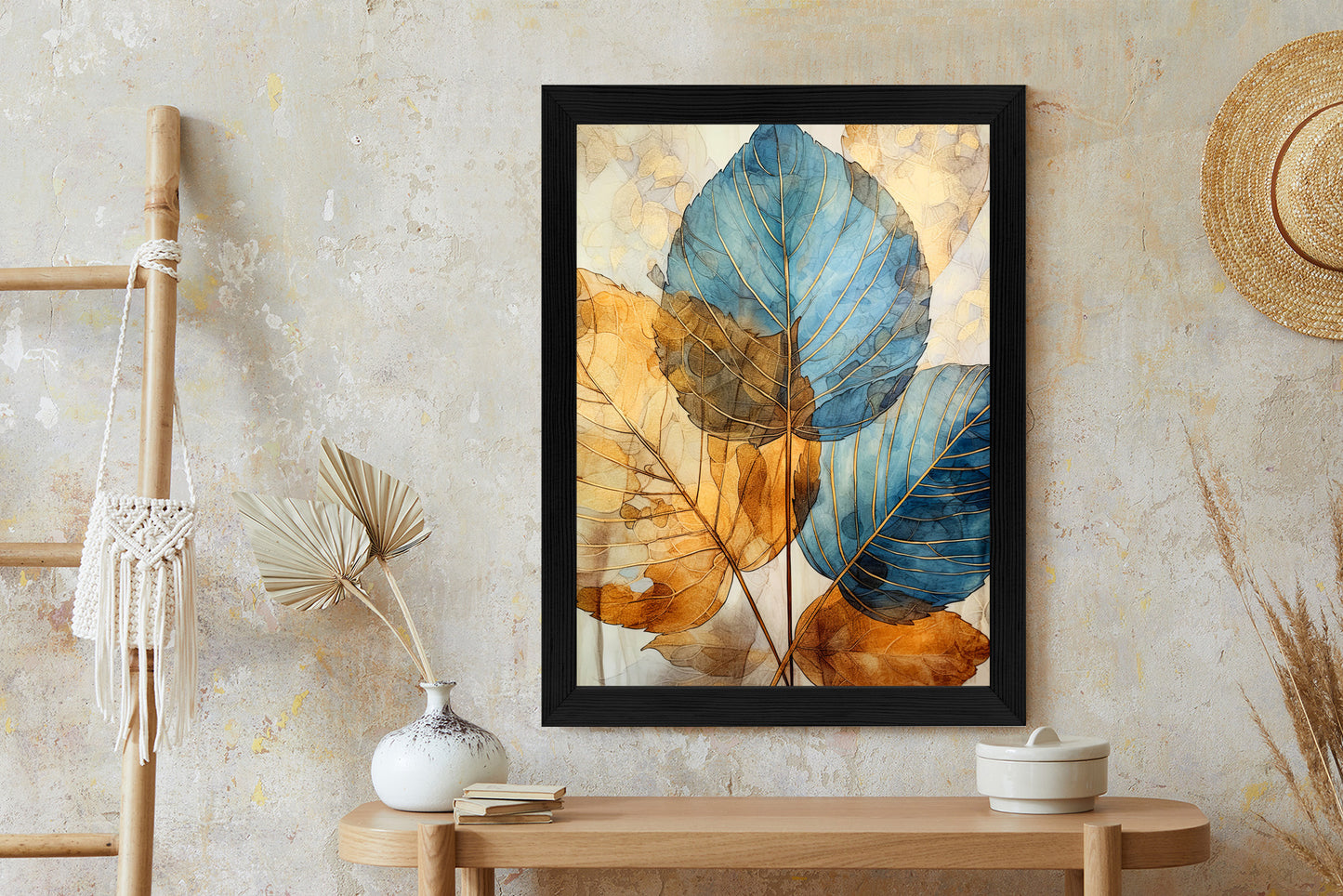 Poster Goldene Und Blaue Aquarellblätter Rahmen Holz Mit Passepartout Farbe Natürlich
