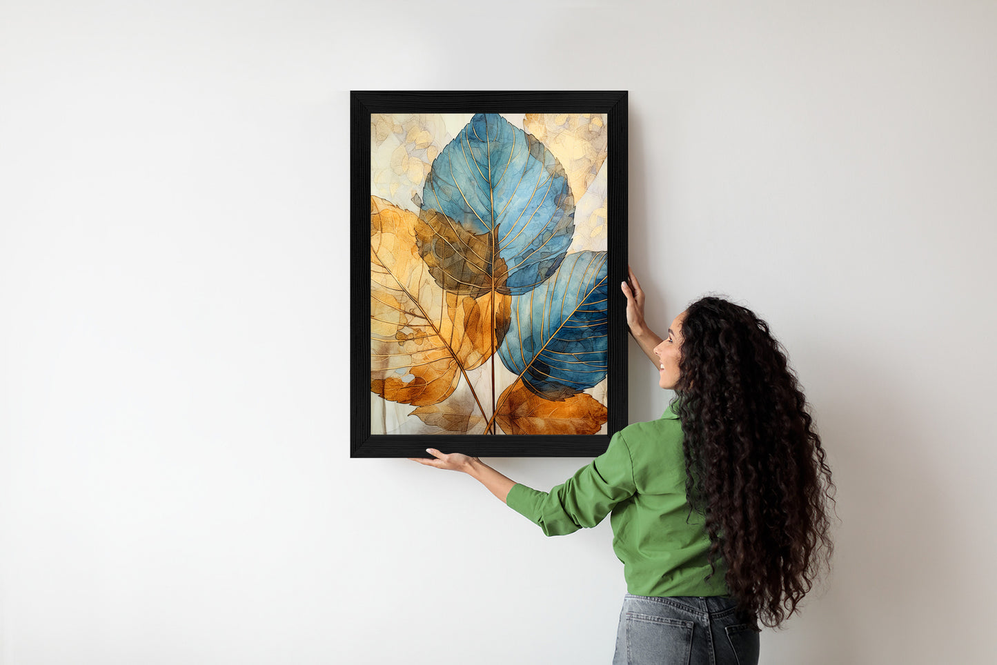 Poster Goldene Und Blaue Aquarellblätter Rahmen Holz Mit Passepartout Farbe Natürlich