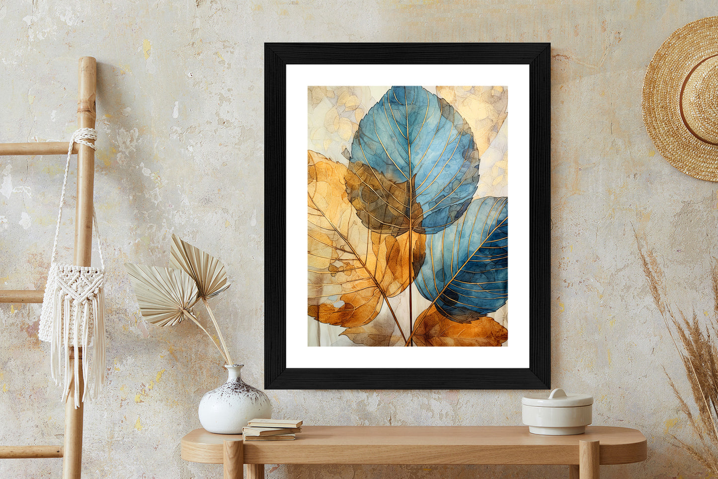 Poster Goldene Und Blaue Aquarellblätter Rahmen Holz Mit Passepartout Farbe Natürlich