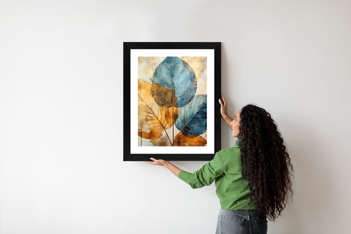 Poster Goldene Und Blaue Aquarellblätter Rahmen Holz Mit Passepartout Farbe Natürlich