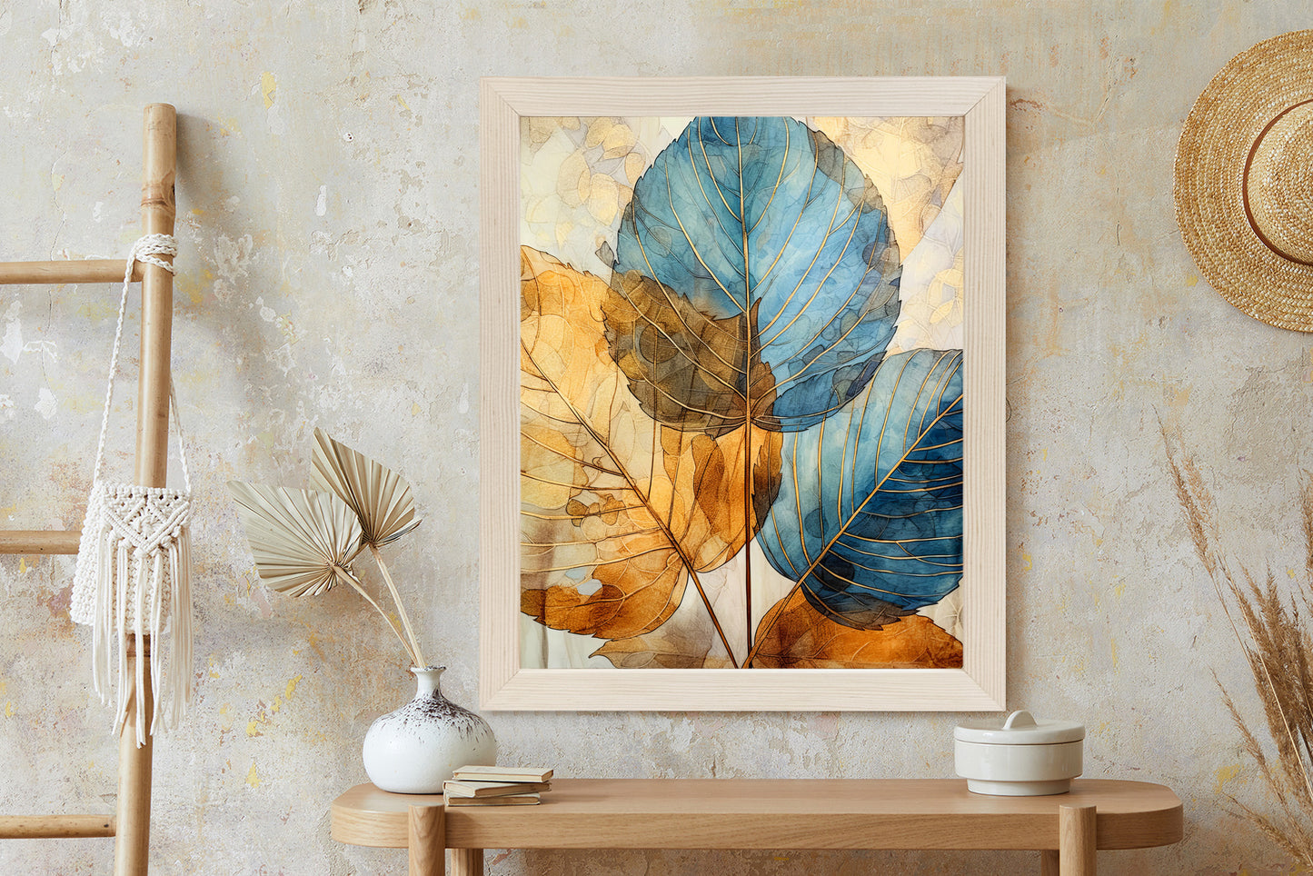 Poster Goldene Und Blaue Aquarellblätter Rahmen Holz Mit Passepartout Farbe Natürlich