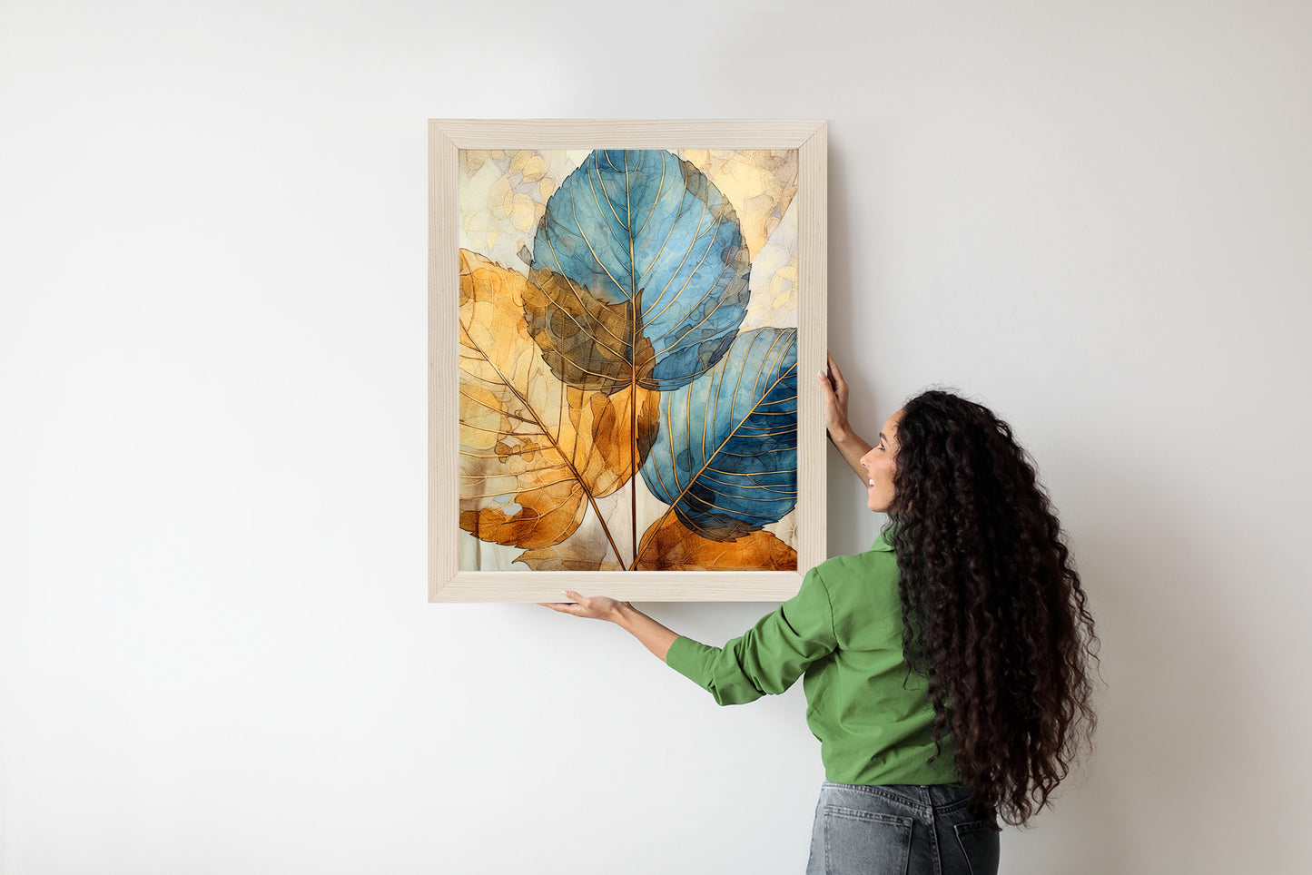 Poster Goldene Und Blaue Aquarellblätter Rahmen Holz Mit Passepartout Farbe Natürlich