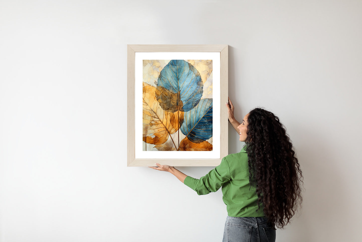 Poster Goldene Und Blaue Aquarellblätter Rahmen Holz Mit Passepartout Farbe Natürlich