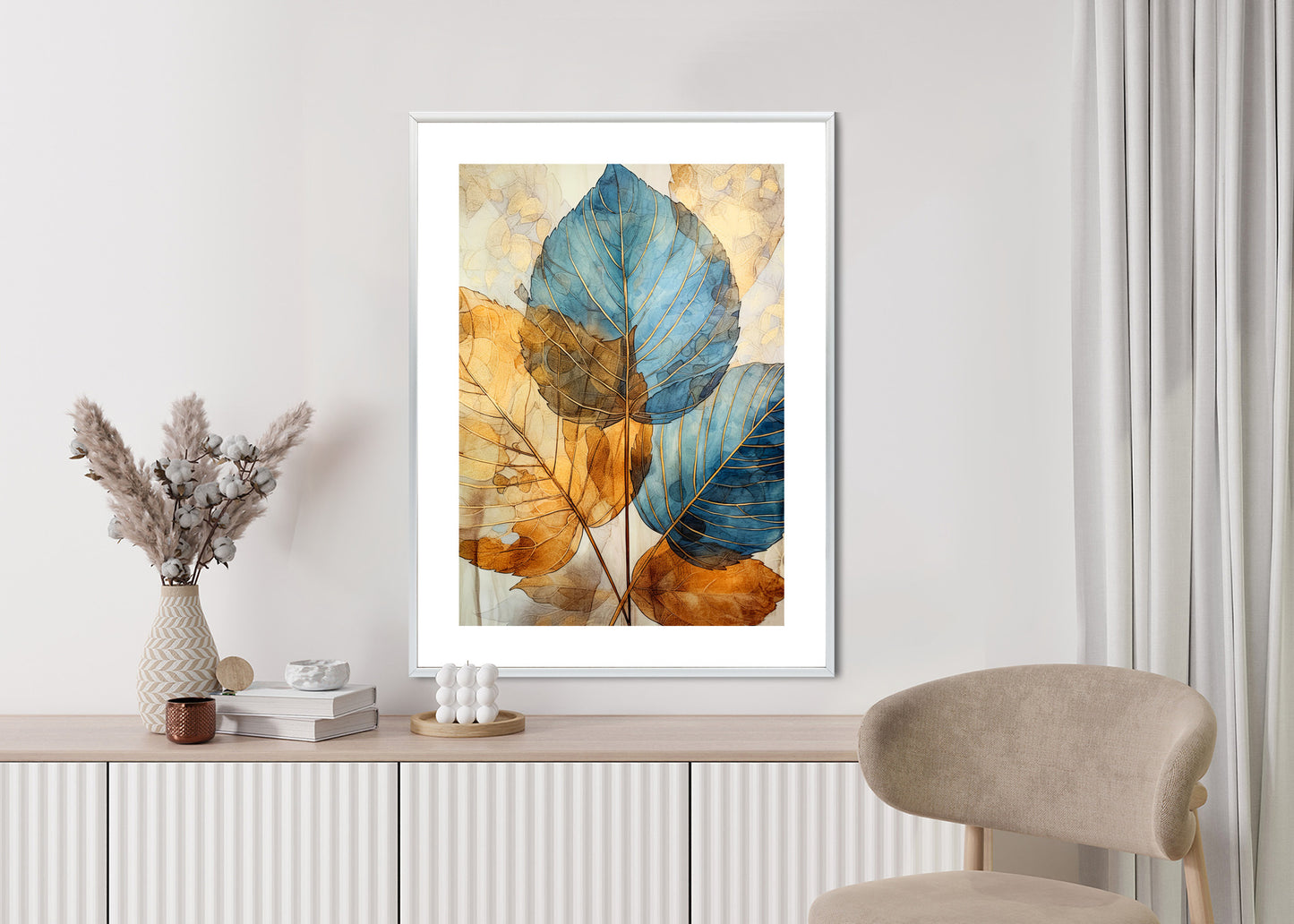 Poster Goldene Und Blaue Aquarellblätter Rahmen Holz Mit Passepartout Farbe Natürlich