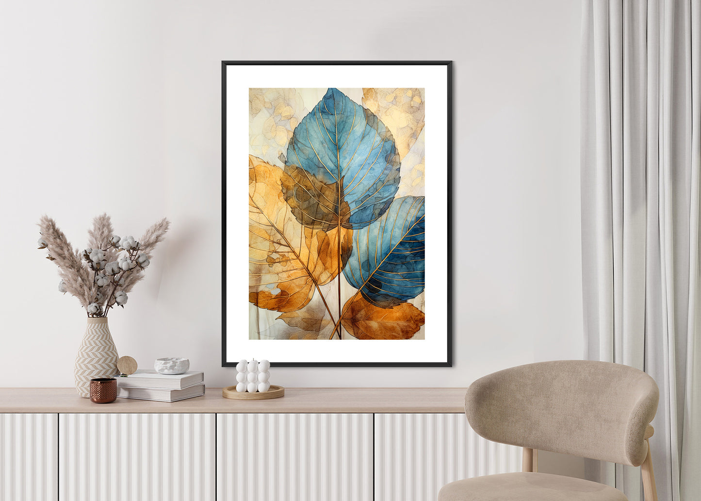Poster Goldene Und Blaue Aquarellblätter Rahmen Holz Mit Passepartout Farbe Natürlich