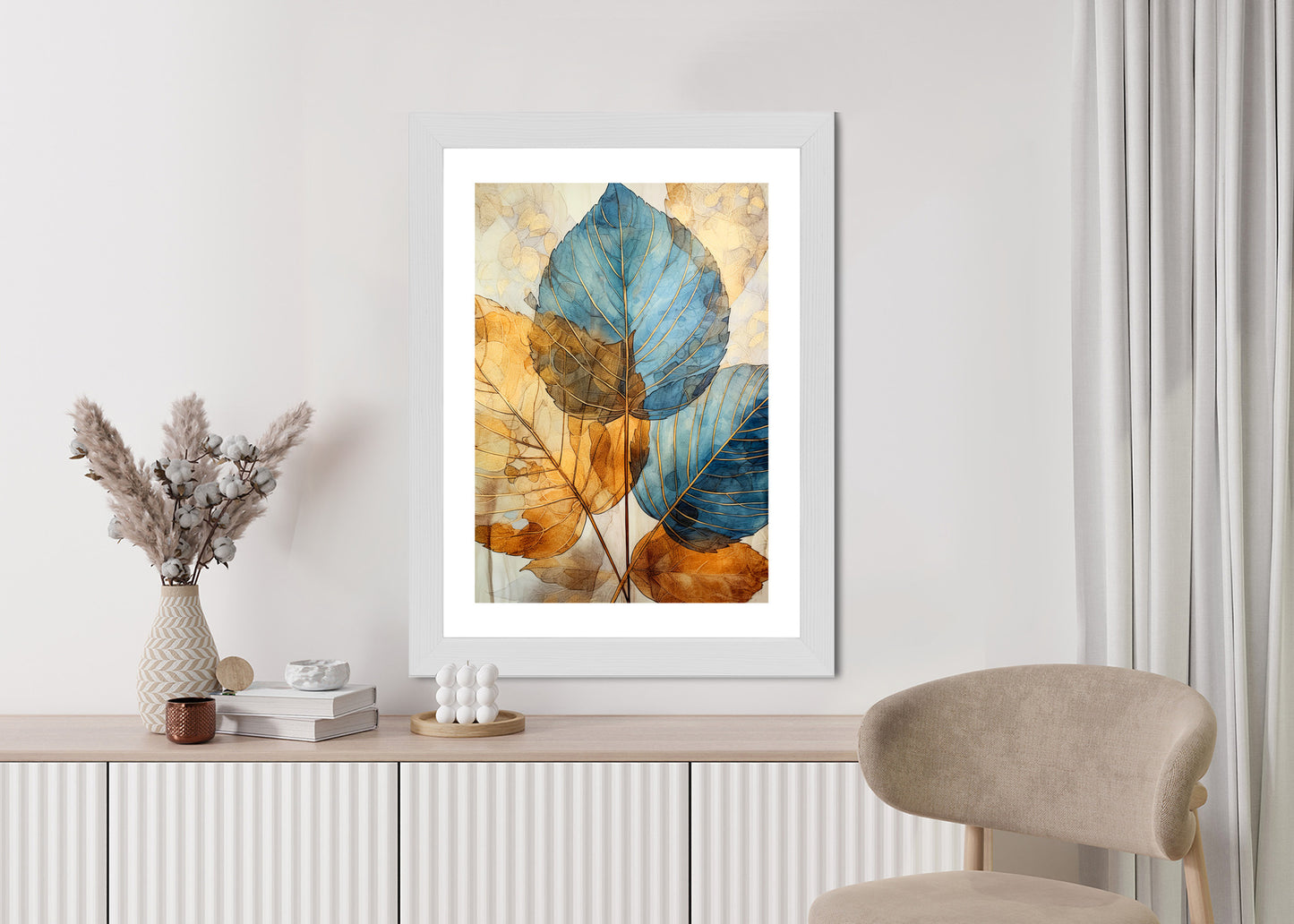 Poster Goldene Und Blaue Aquarellblätter Rahmen Holz Mit Passepartout Farbe Natürlich