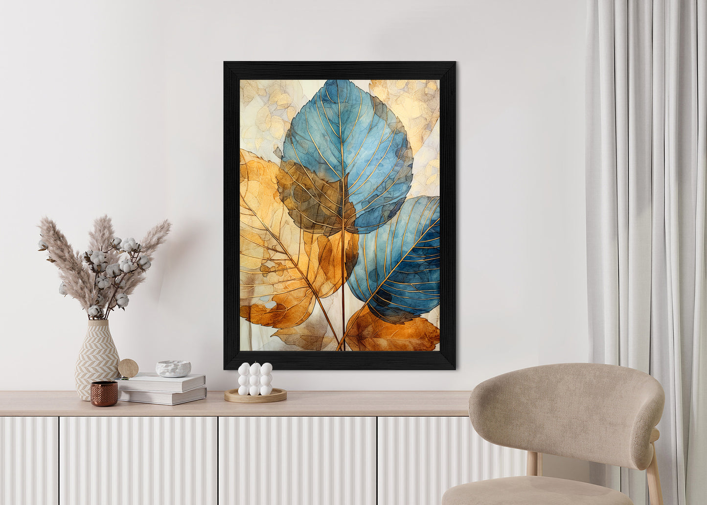 Poster Goldene Und Blaue Aquarellblätter Rahmen Holz Mit Passepartout Farbe Natürlich