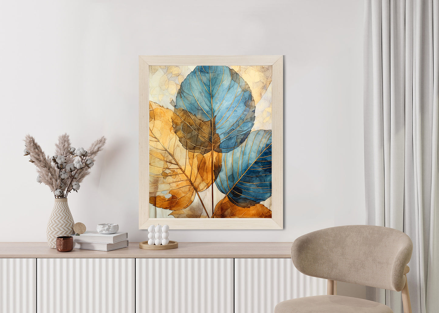 Poster Goldene Und Blaue Aquarellblätter Rahmen Holz Mit Passepartout Farbe Natürlich