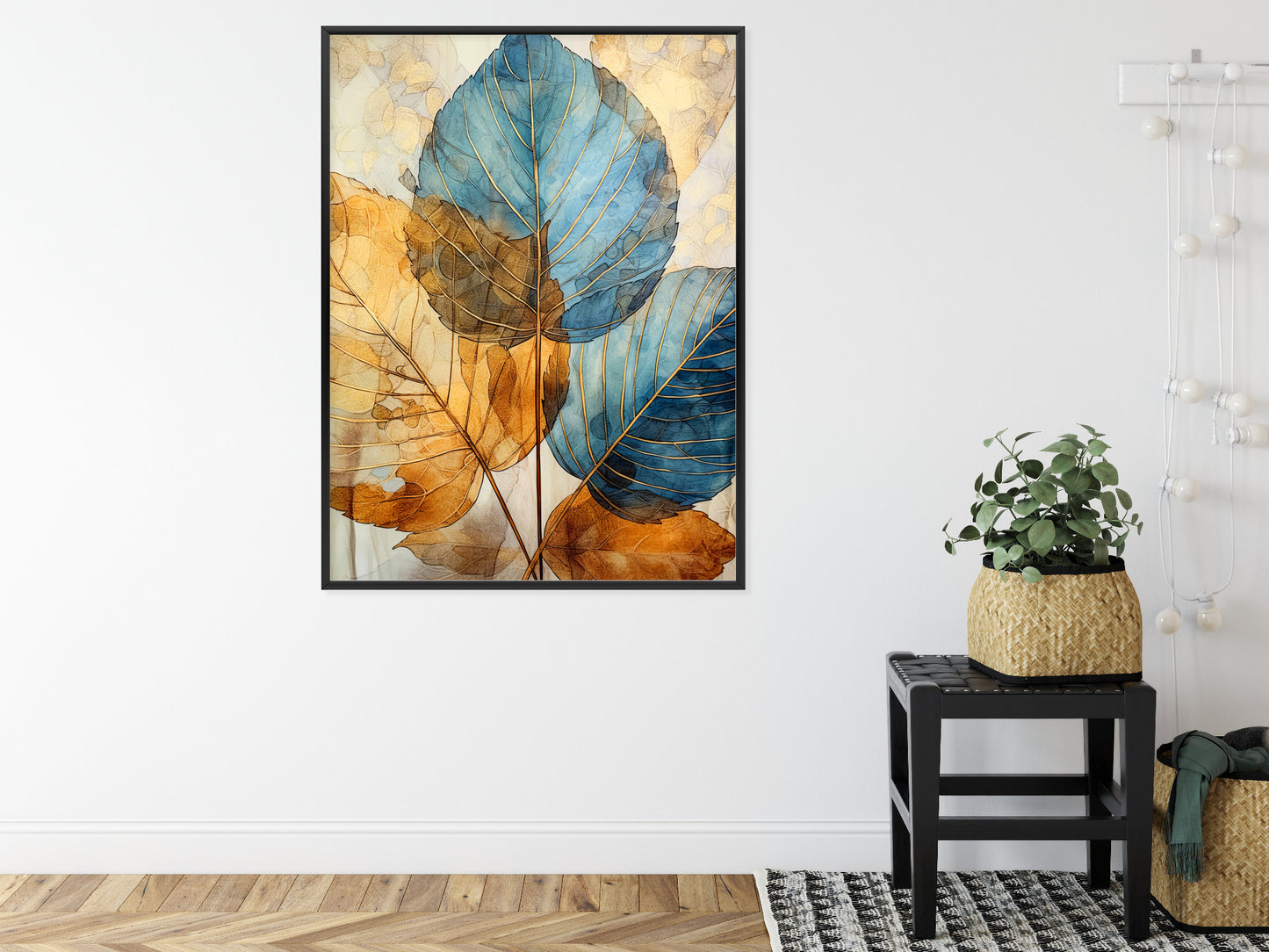 Poster Goldene Und Blaue Aquarellblätter Rahmen Holz Mit Passepartout Farbe Natürlich