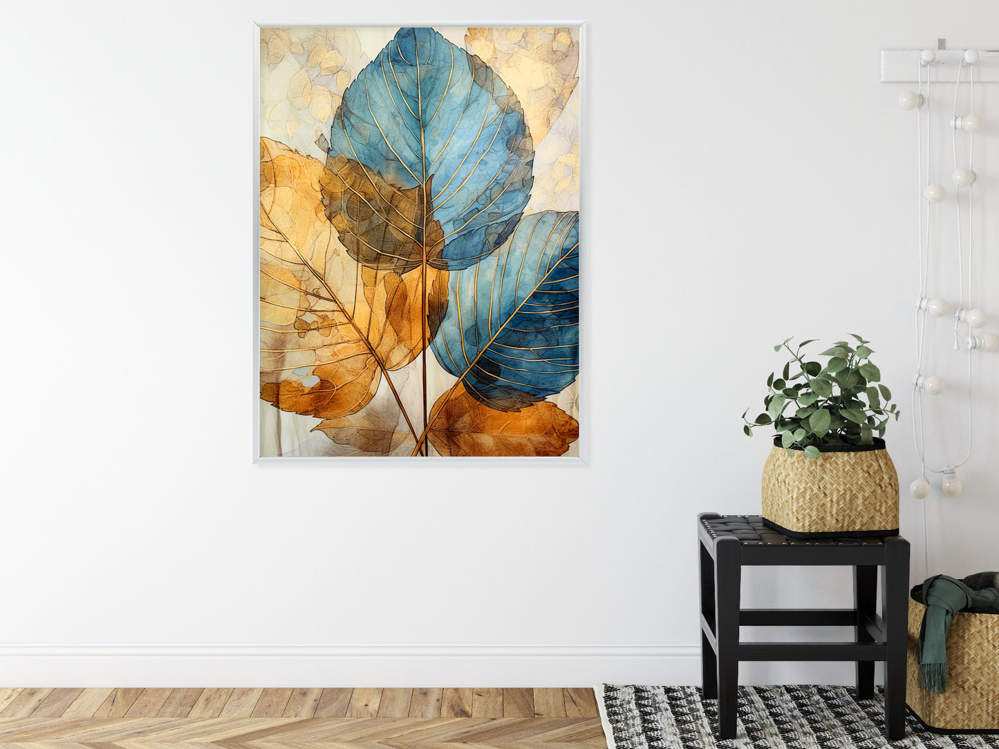 Poster Goldene Und Blaue Aquarellblätter Rahmen Holz Mit Passepartout Farbe Natürlich