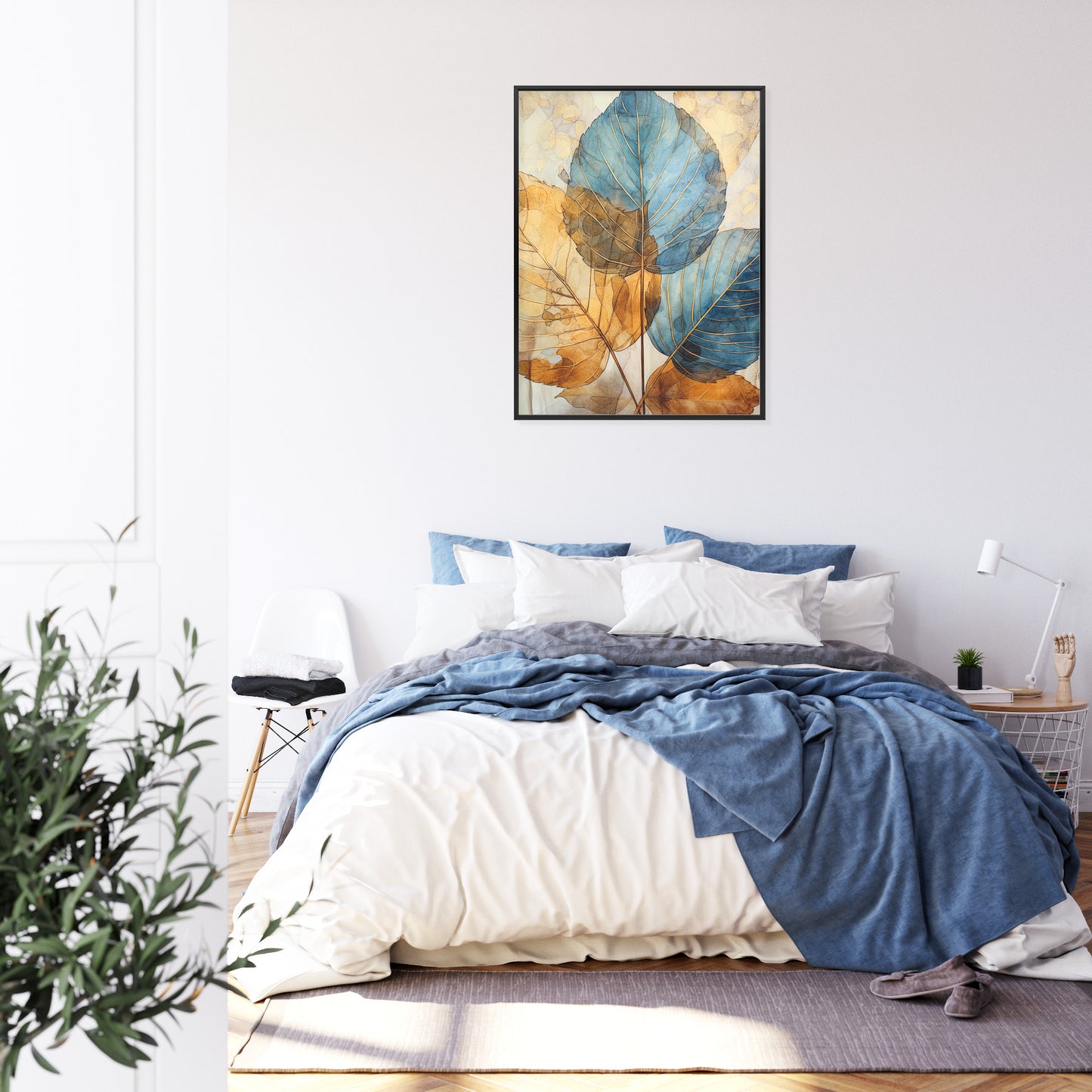 Poster Goldene Und Blaue Aquarellblätter Rahmen Holz Mit Passepartout Farbe Natürlich