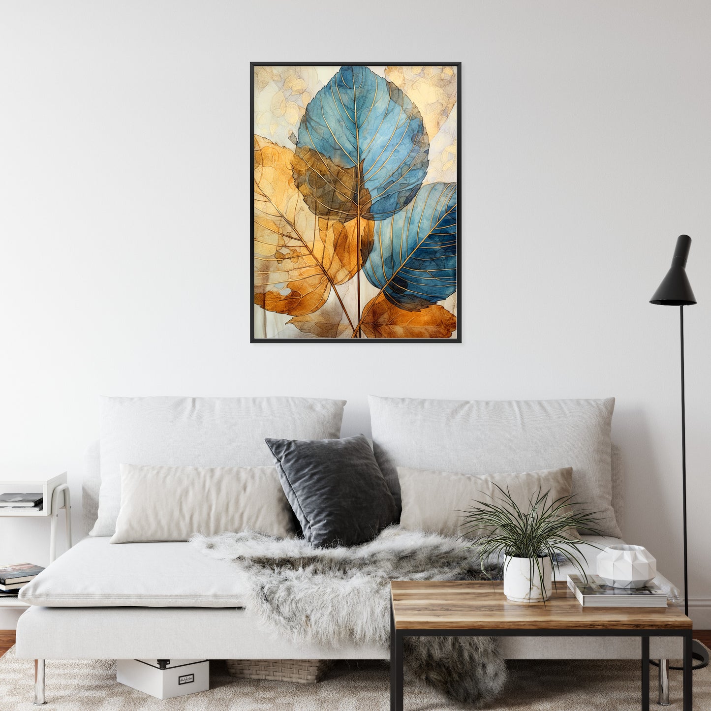 Poster Goldene Und Blaue Aquarellblätter Rahmen Holz Mit Passepartout Farbe Natürlich