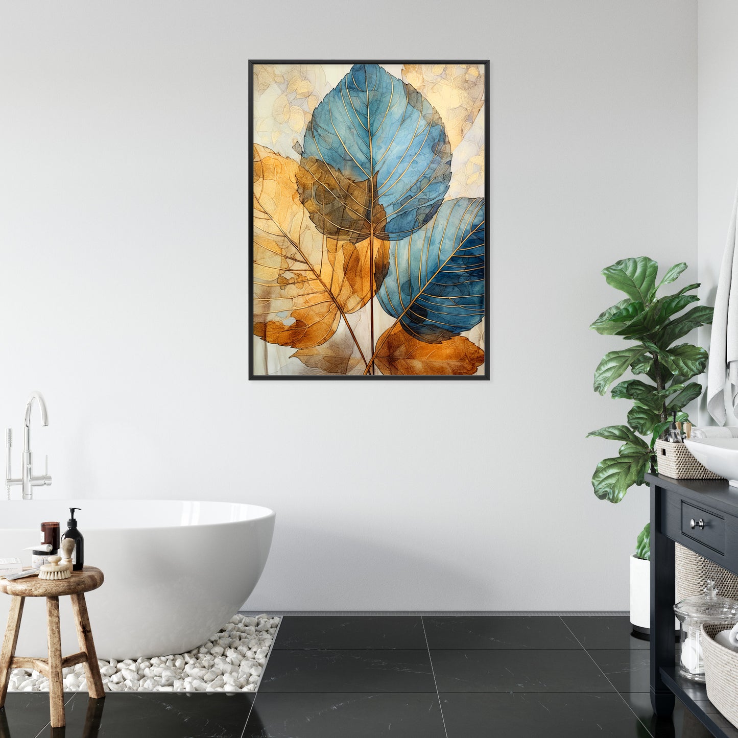 Poster Goldene Und Blaue Aquarellblätter Rahmen Holz Mit Passepartout Farbe Natürlich