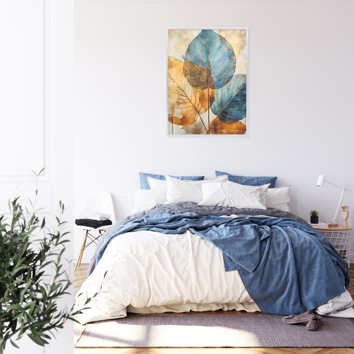 Poster Goldene Und Blaue Aquarellblätter Rahmen Holz Mit Passepartout Farbe Natürlich