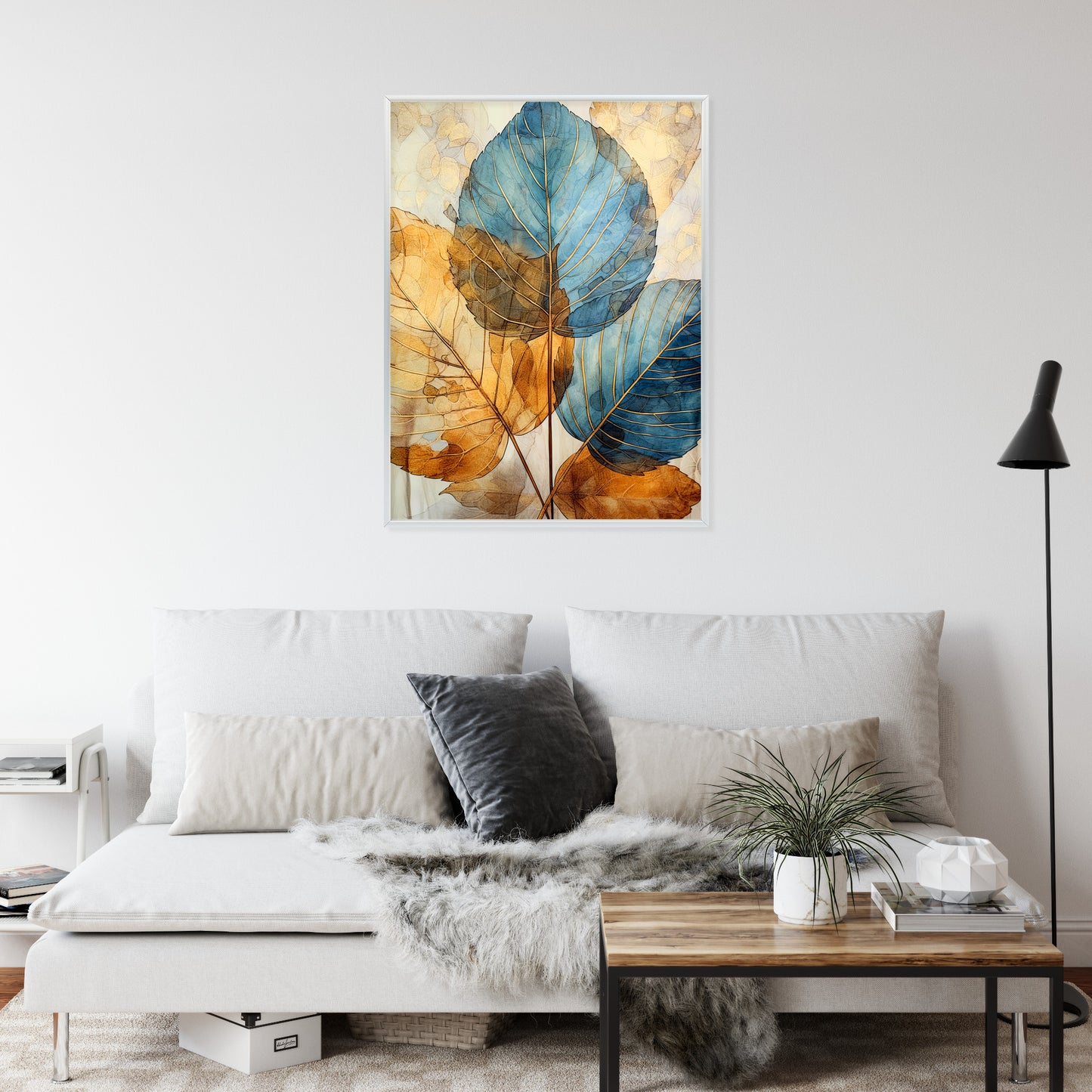Poster Goldene Und Blaue Aquarellblätter Rahmen Holz Mit Passepartout Farbe Natürlich
