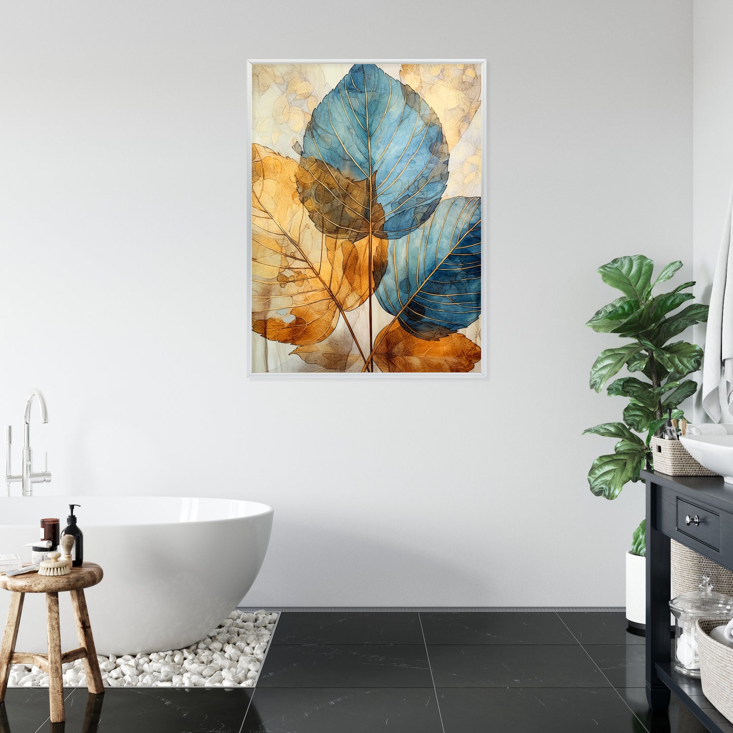 Poster Goldene Und Blaue Aquarellblätter Rahmen Holz Mit Passepartout Farbe Natürlich
