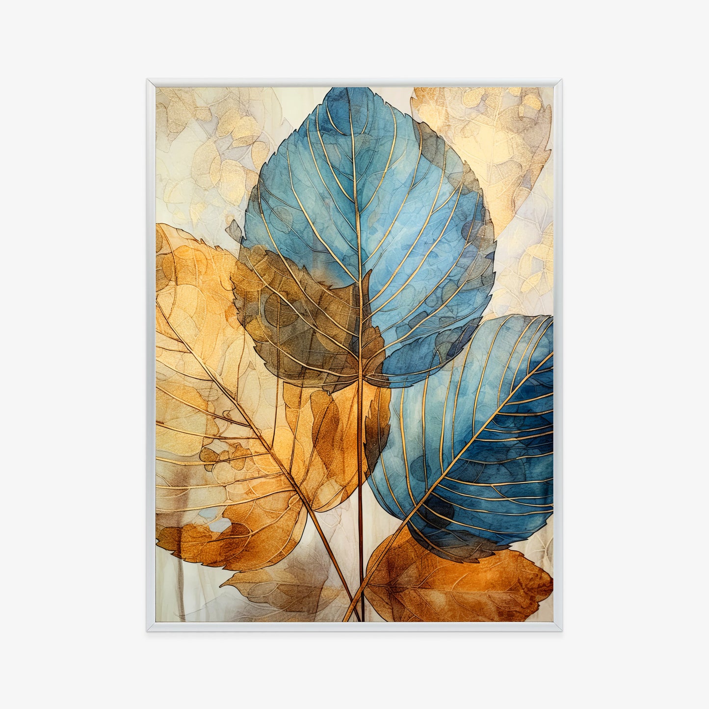Poster Goldene Und Blaue Aquarellblätter Rahmen Holz Mit Passepartout Farbe Natürlich